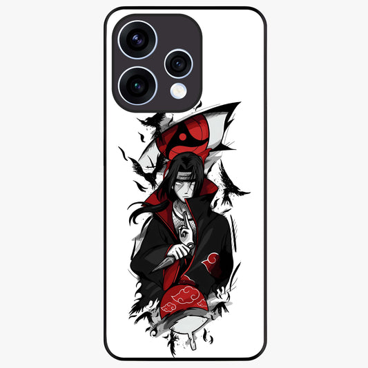 Itachi Sharingan Glass Case showing flat back view with powerful anime eye artwork and glossy glass finish.