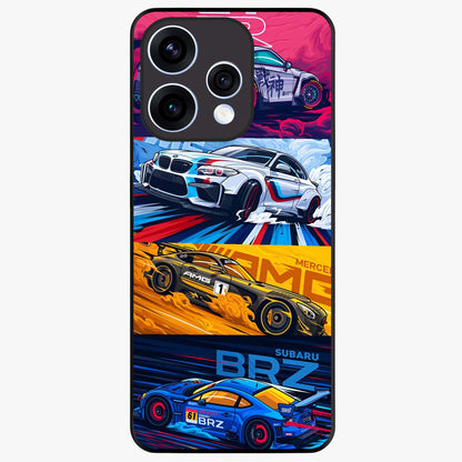 JDM Sports Car Glass Case showing flat back view with high performance sports car artwork and glossy glass finish.