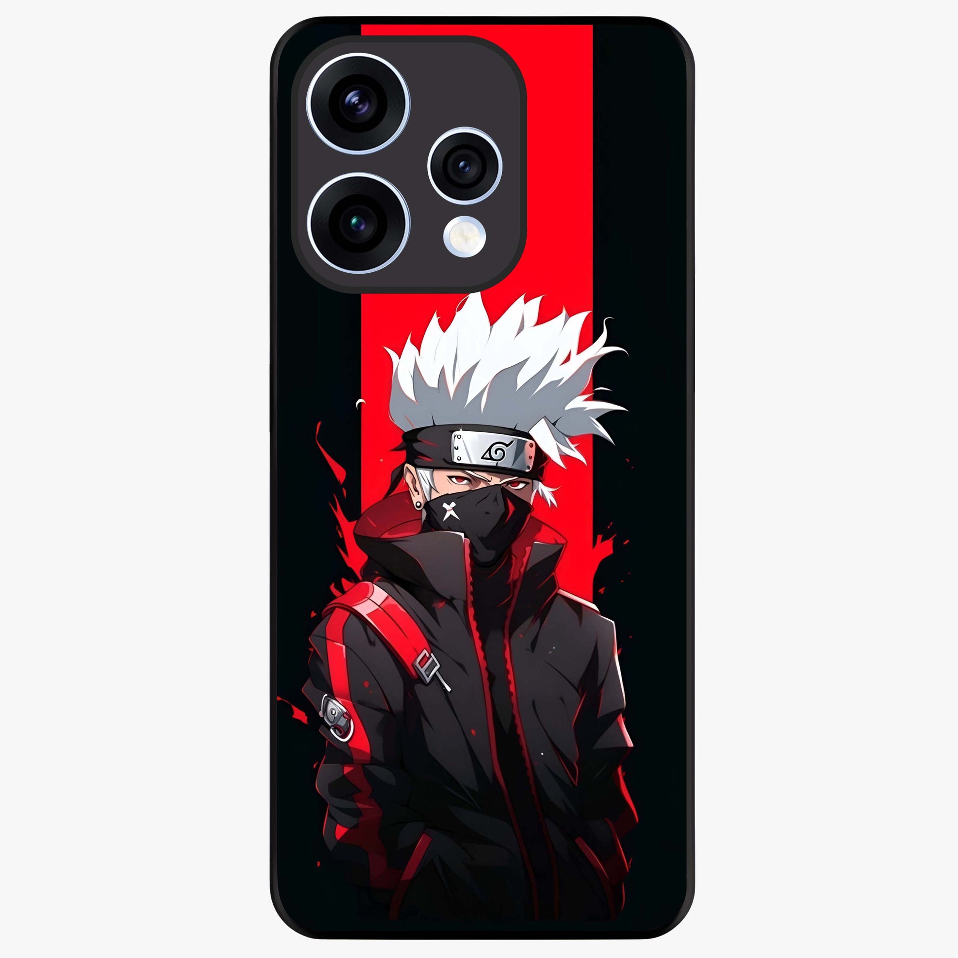 Kakashi Scarlet Shadow Glass Case showing flat back view with powerful anime ninja artwork and glossy glass finish.