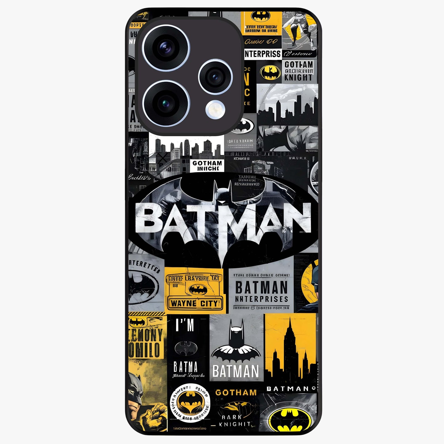 Knight Gotham Rise Glass Case showing flat back view with dark hero inspired artwork and glossy glass finish.