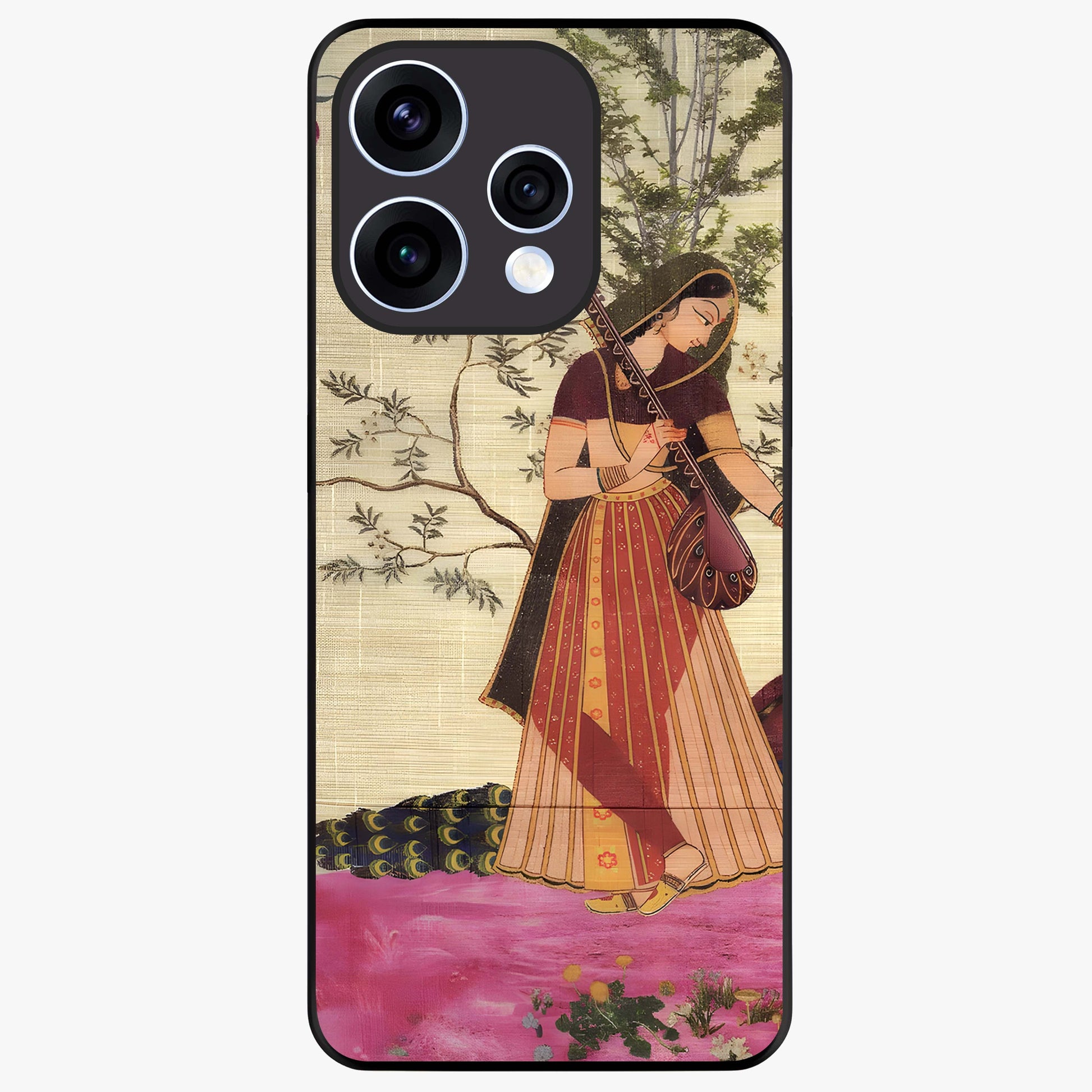 Lady With Veena Art Glass Case showing flat back view with elegant woman playing veena artwork and glossy glass finish.