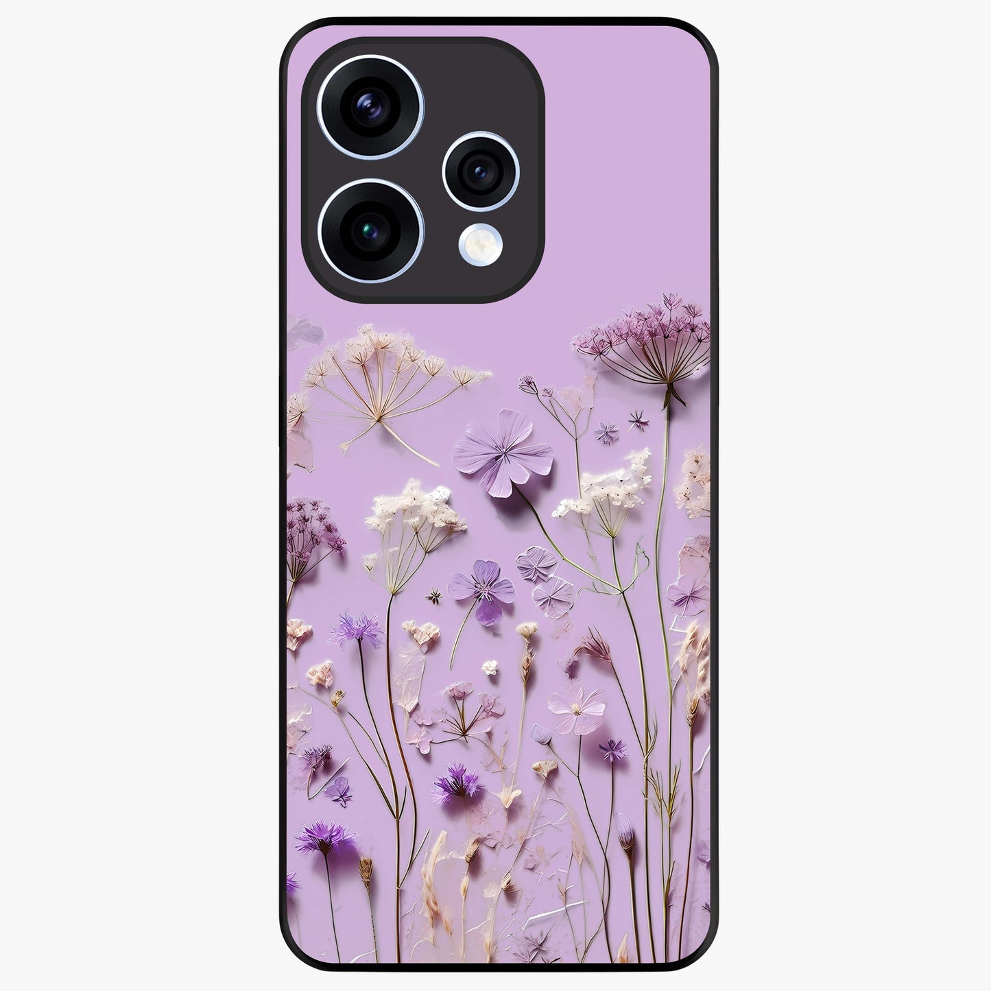 Lavender Blossom Dream Glass Case showing flat back view with soft lavender floral artwork and glossy glass finish.