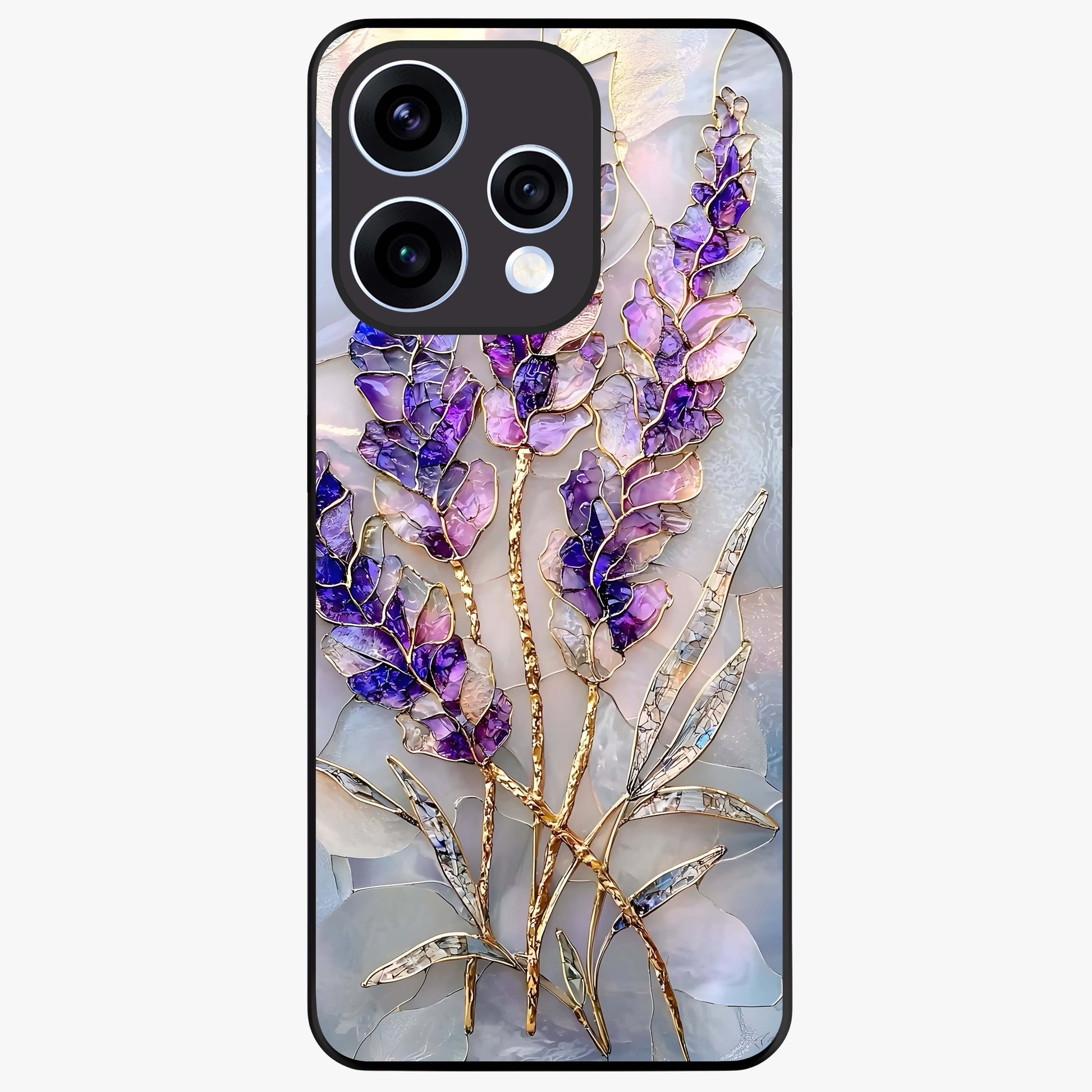 Lavender Dream Glow Glass Case showing flat back view with glowing lavender aesthetic artwork and glossy glass finish.