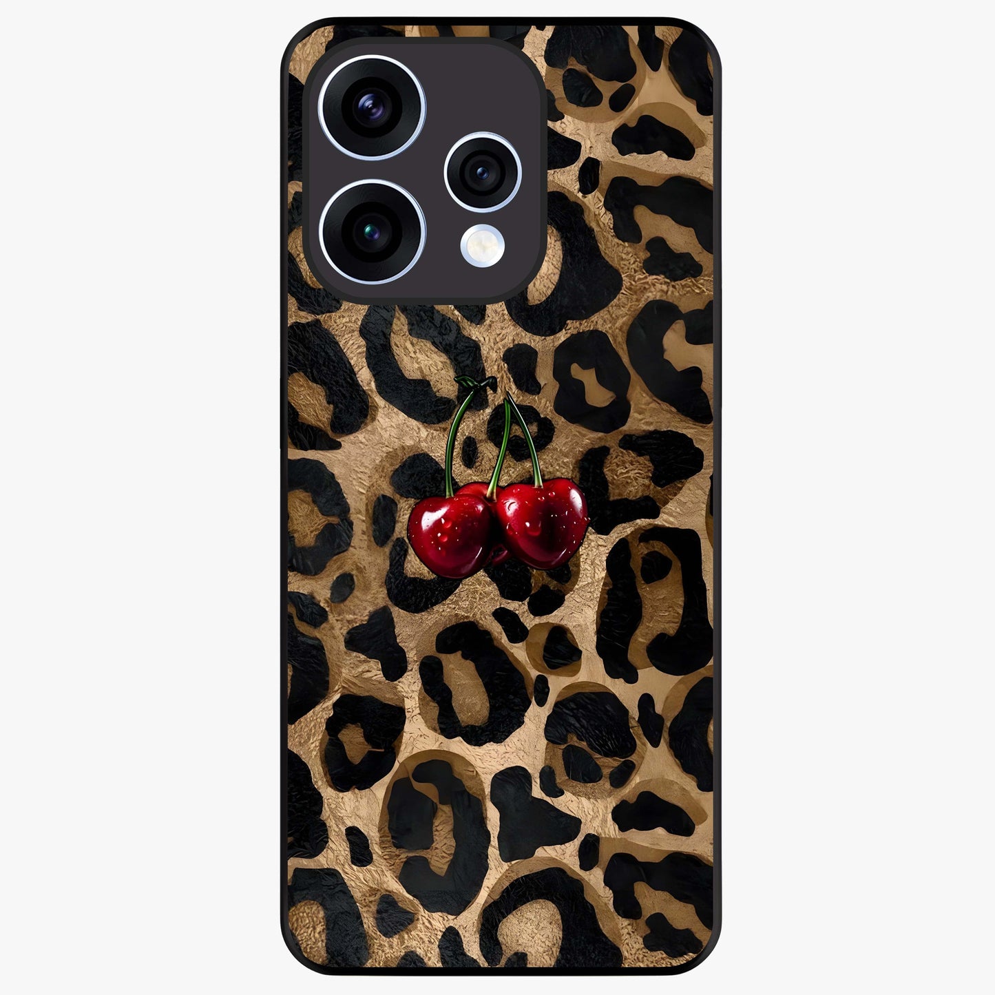 Leopard Wild Cherry Glass Case showing flat back view with leopard pattern and cherry artwork and glossy glass finish.