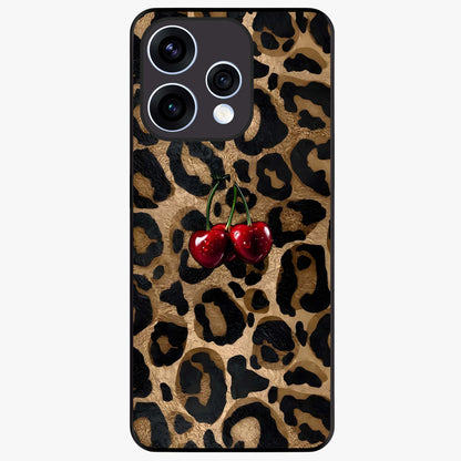 Leopard Wild Cherry Glass Case showing flat back view with leopard pattern and cherry artwork and glossy glass finish.