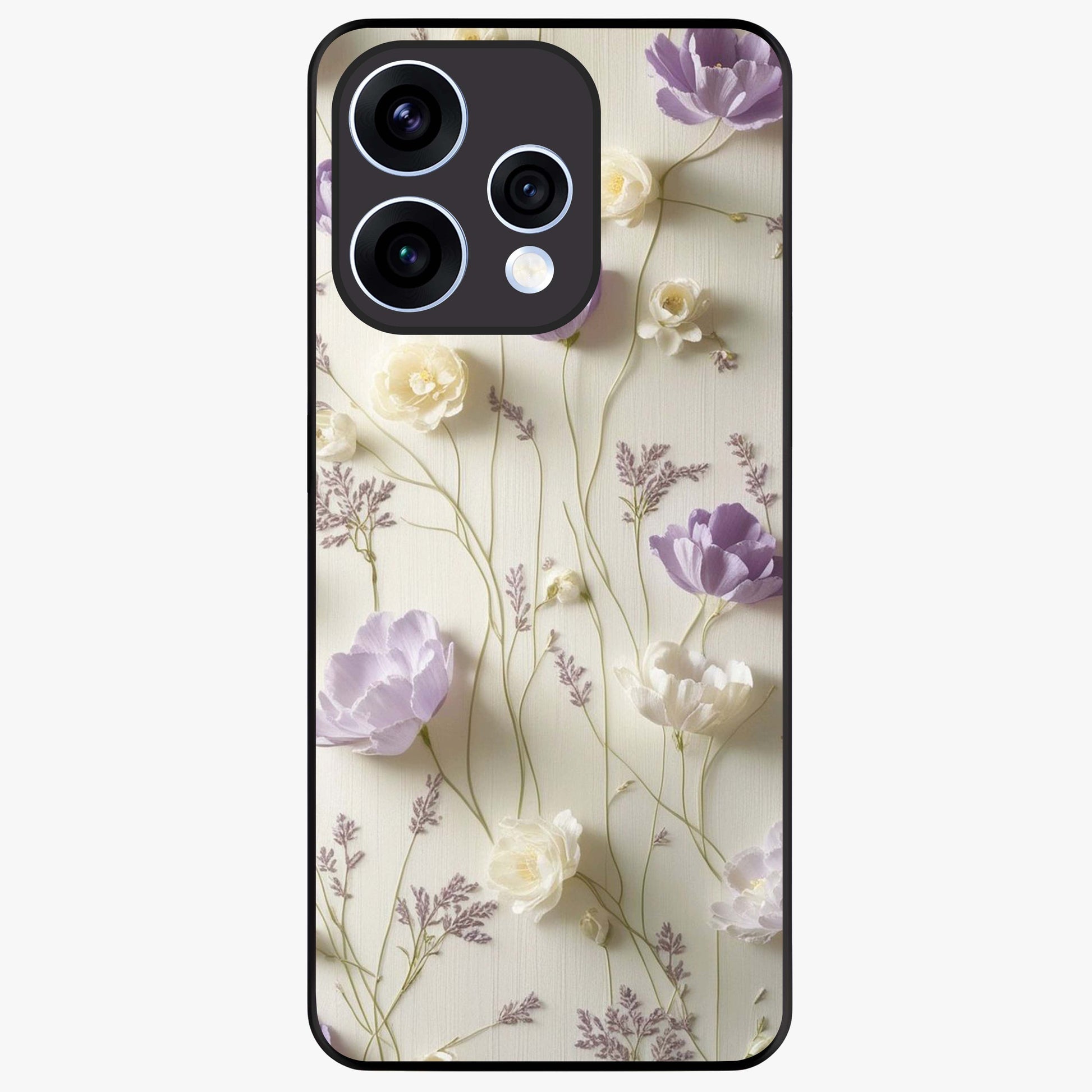 Lilac Breeze Harmony Glass Case showing flat back view with soft lilac themed artwork and glossy glass finish.