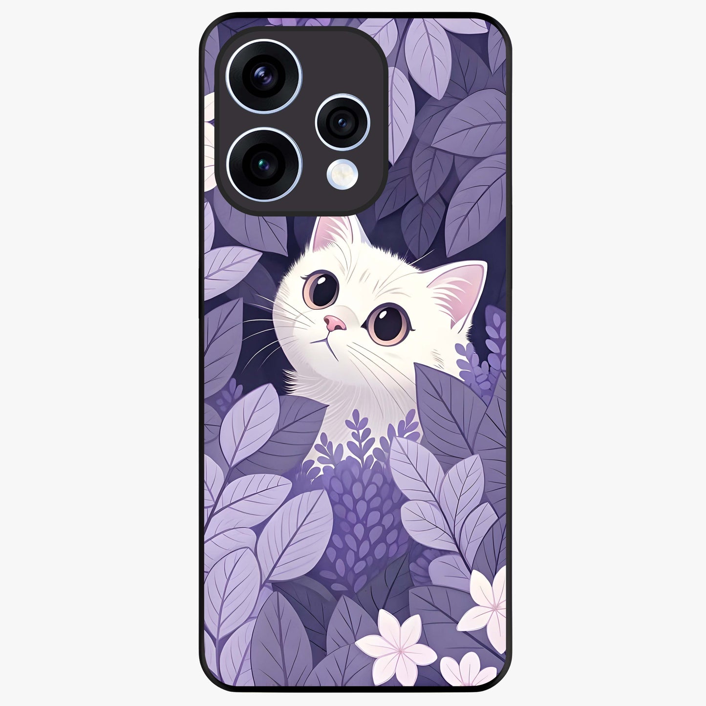 Lilac Hide Peek Cat Glass Case showing flat back view with cute peeking cat artwork and glossy glass finish.