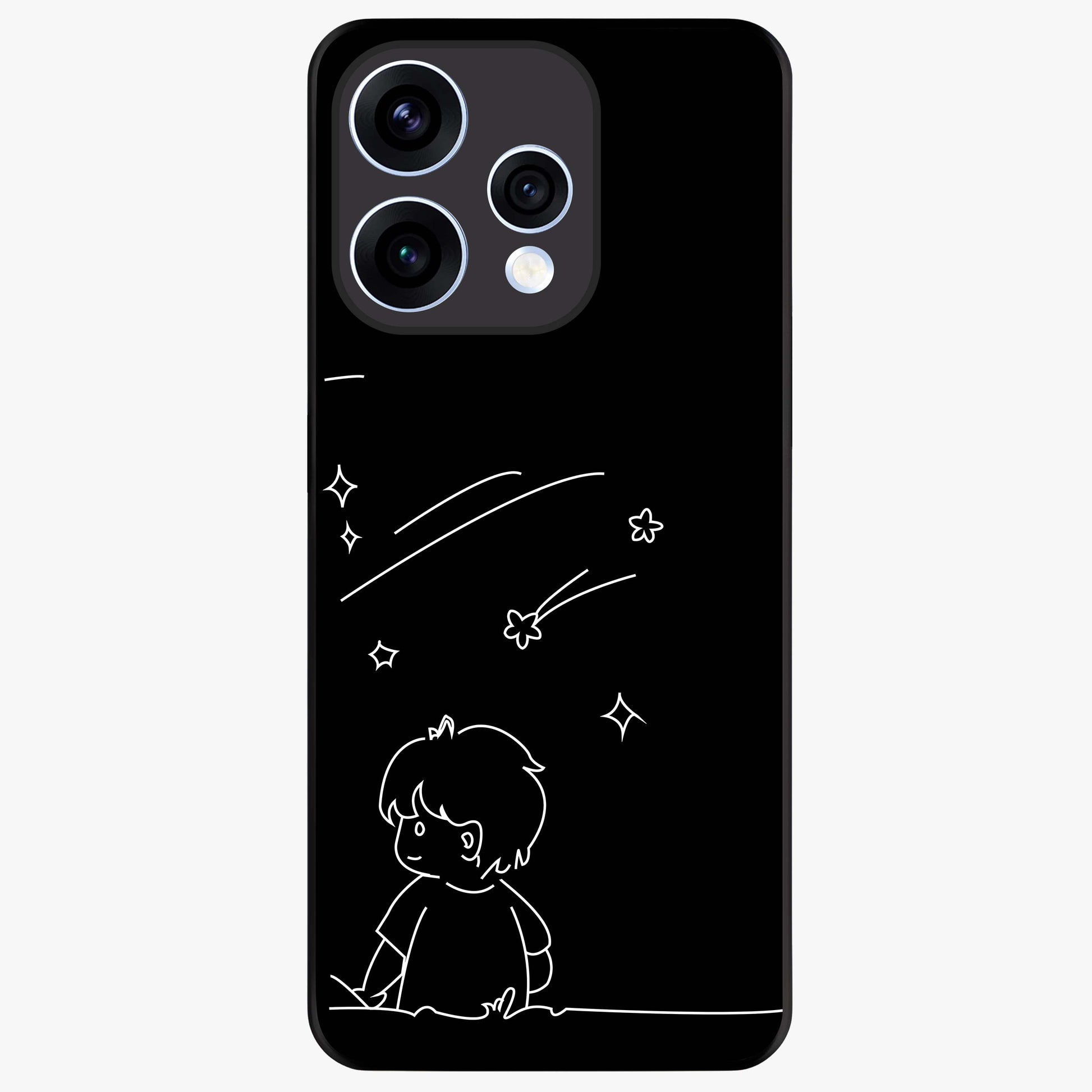 Line Art Boy With Shooting Stars Glass Case showing flat back view with minimal line art boy and shooting stars illustration and glossy glass finish.