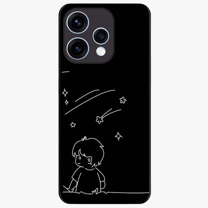 Line Art Boy With Shooting Stars Glass Case showing flat back view with minimal line art boy and shooting stars illustration and glossy glass finish.