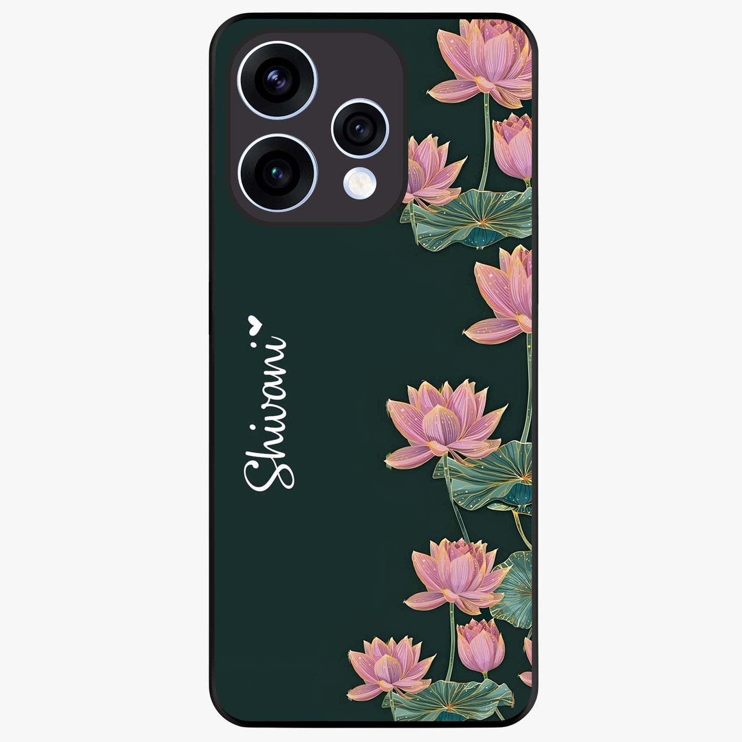 Lotus Bloom Serenity Custom Name Glass Case showing flat back view with elegant lotus flower artwork and personalized name design.