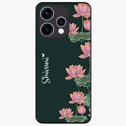 Lotus Bloom Serenity Custom Name Glass Case showing flat back view with elegant lotus flower artwork and personalized name design.