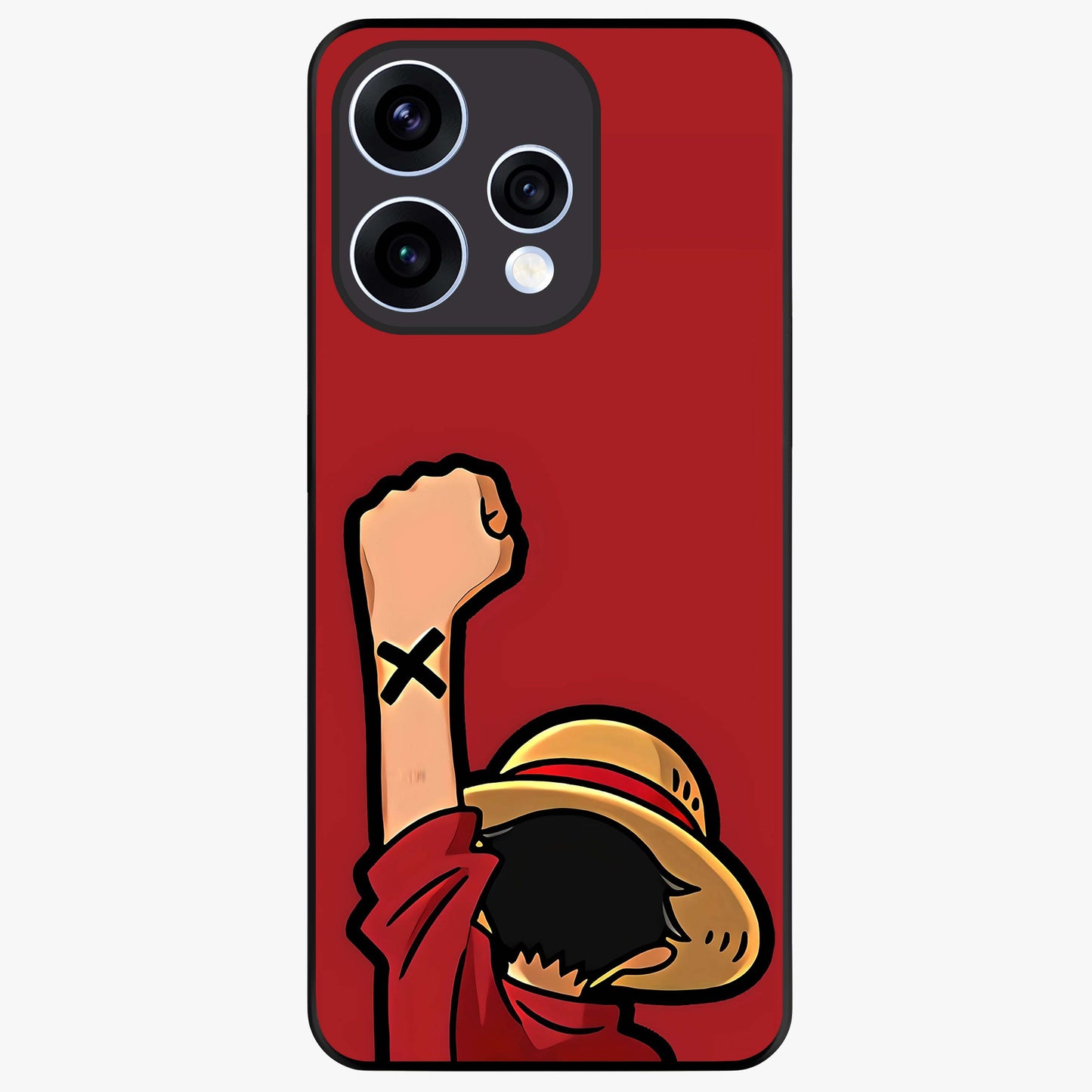 Luffy X Spirit Glass Case showing flat back view with bold anime character artwork and glossy glass finish.