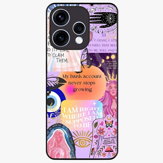 Manifestation Collage Glass Case showing flat back view with motivational collage artwork and glossy glass finish.