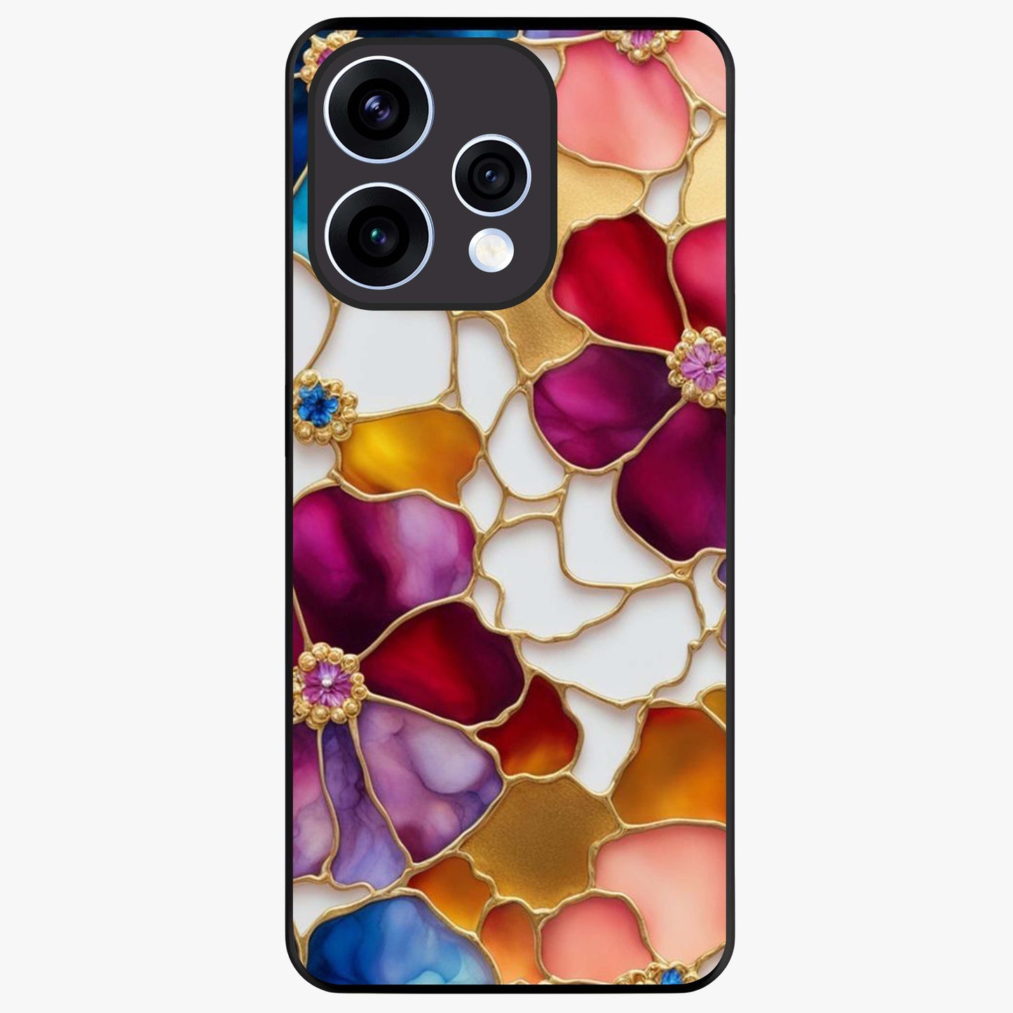 Marble Flower Pattern Glass Case showing flat back view with marble texture floral artwork and glossy glass finish.