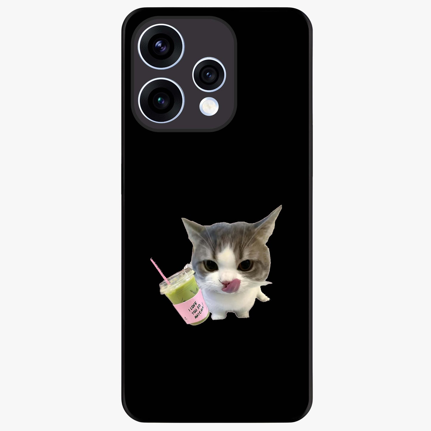 Matcha Cat Style Glass Case showing flat back view with cute matcha themed cat artwork and glossy glass finish.