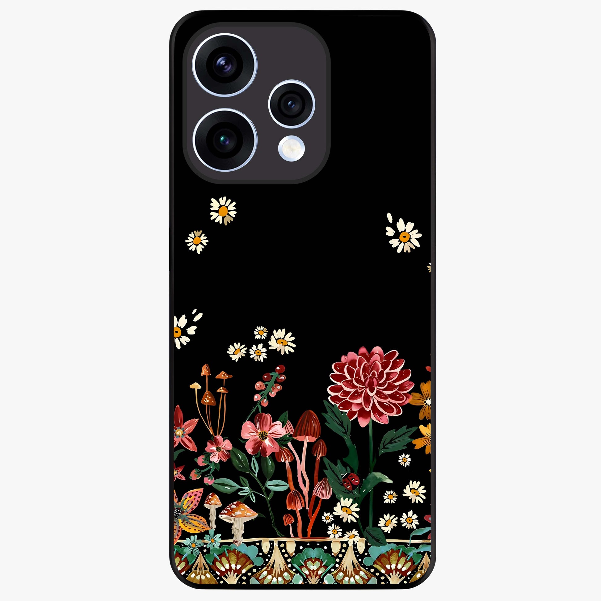 Midnight Bloom Pattern Glass Case showing flat back view with dark floral pattern artwork and glossy glass finish.