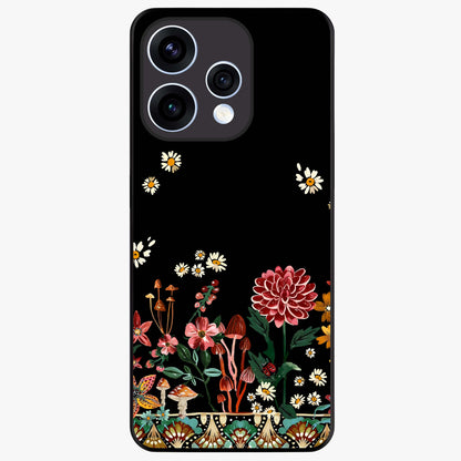 Midnight Bloom Pattern Glass Case showing flat back view with dark floral pattern artwork and glossy glass finish.