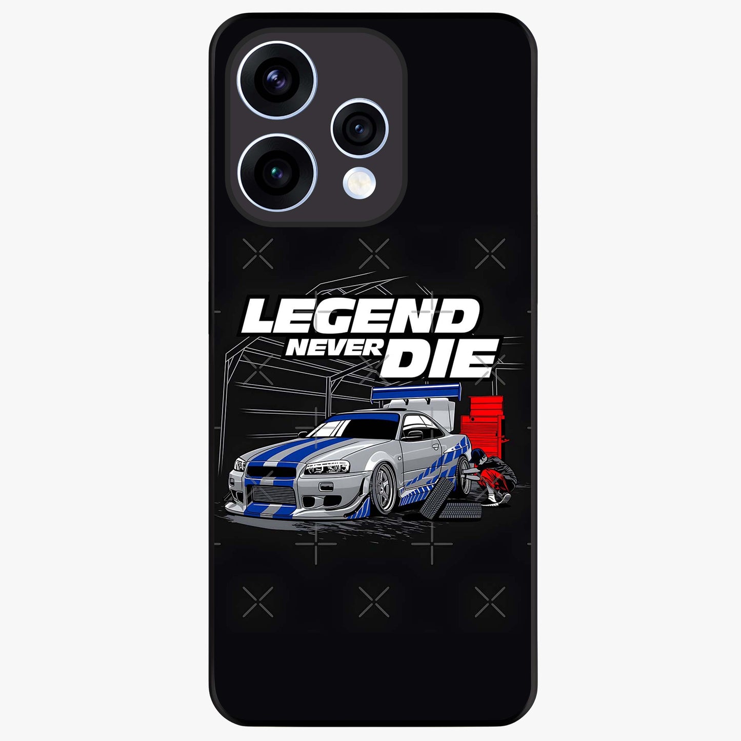 Midnight Racing Legacy Glass Case showing flat back view with sleek racing inspired artwork and glossy glass finish.