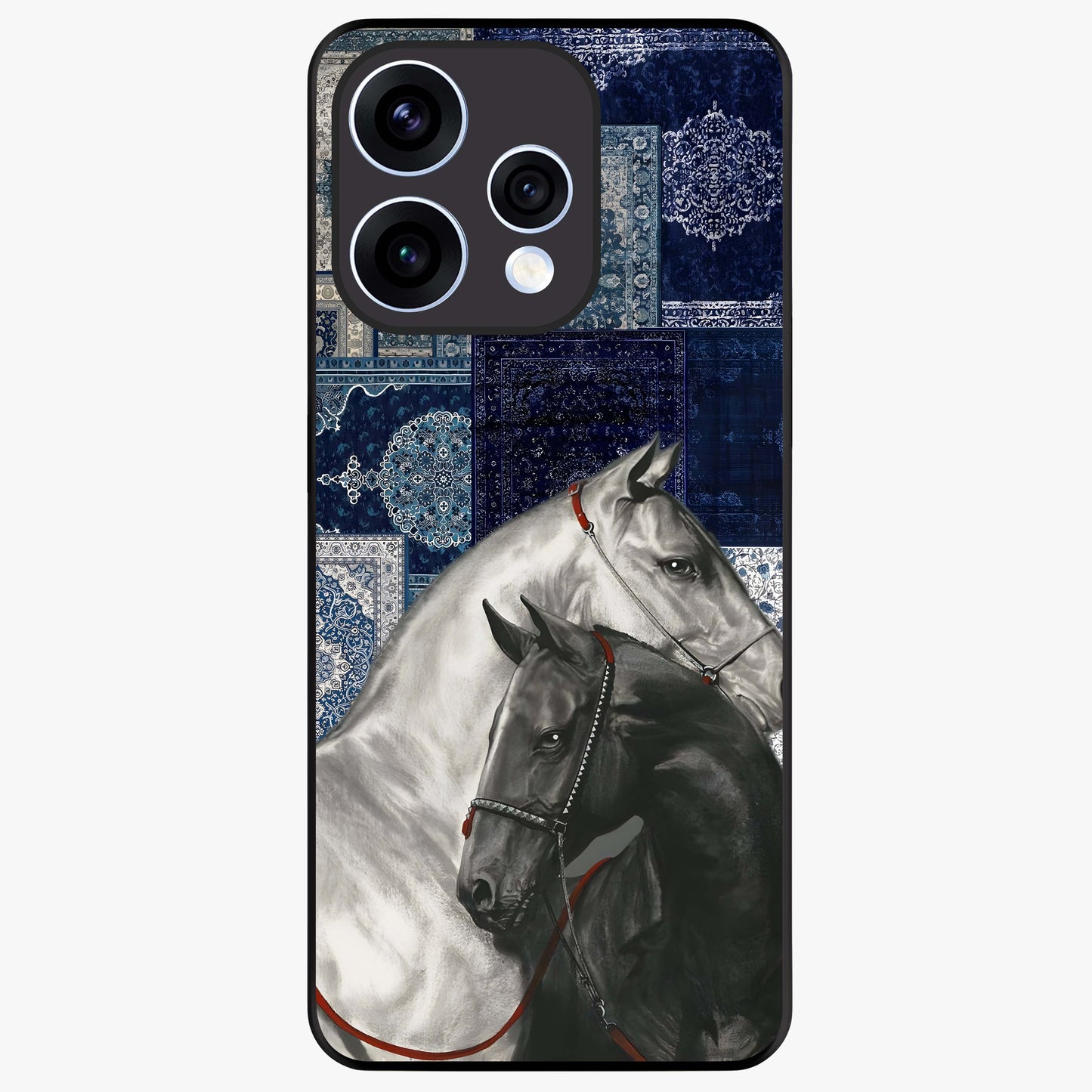 Midnight Stallion Blues Glass Case showing flat back view with majestic horse artwork and glossy glass finish.