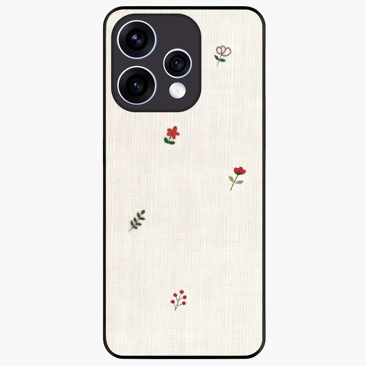 Minimal Petal Whispers Glass Case showing flat back view with soft minimal floral artwork and glossy glass finish.