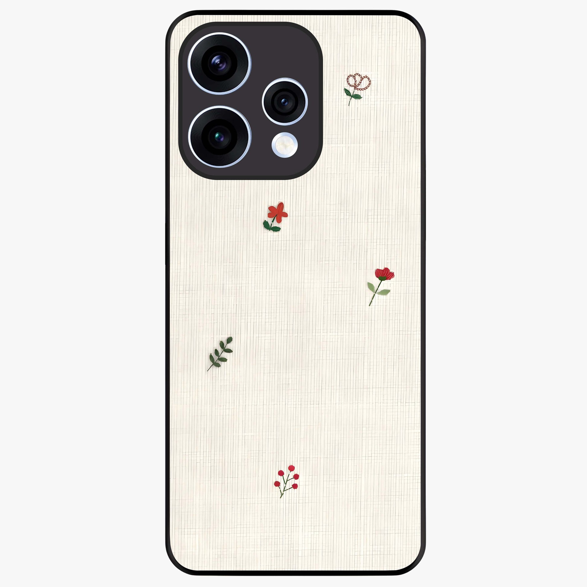 Minimal Petal Whispers Glass Case showing flat back view with soft minimal floral artwork and glossy glass finish.