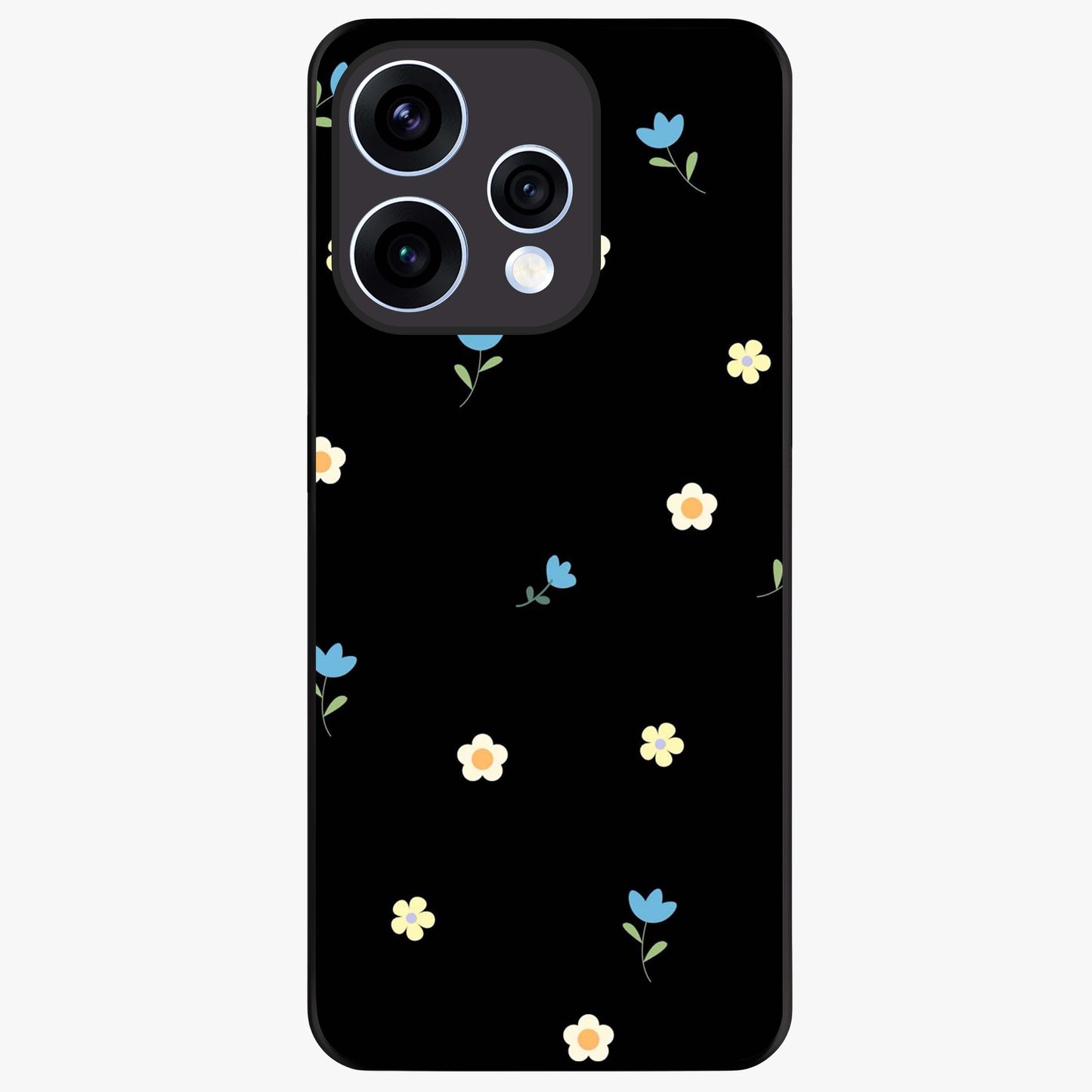 Minimalistic Blue With White Flower Pattern Glass Case showing flat back view with blue background and white flower pattern and glossy glass finish.