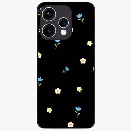 Minimalistic Blue With White Flower Pattern Glass Case showing flat back view with blue background and white flower pattern and glossy glass finish.