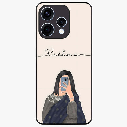Mirror Mood Muse With Custom Name Glass Case showing flat back view with stylish mirrored artwork and personalized name design.