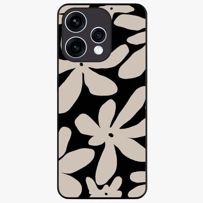 Monochrome Petal Dance Glass Case showing flat back view with monochrome floral artwork and glossy glass finish.