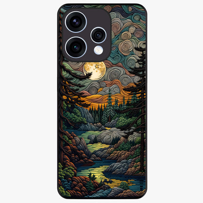 Moonlight Forest Dream Glass Case showing flat back view with mystical forest moonlight artwork and glossy glass finish.