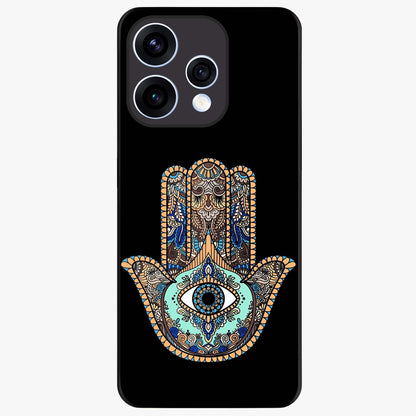 Mystic Hamsa Eye Glass Case showing flat back view with protective hamsa hand and evil eye artwork and glossy glass finish.