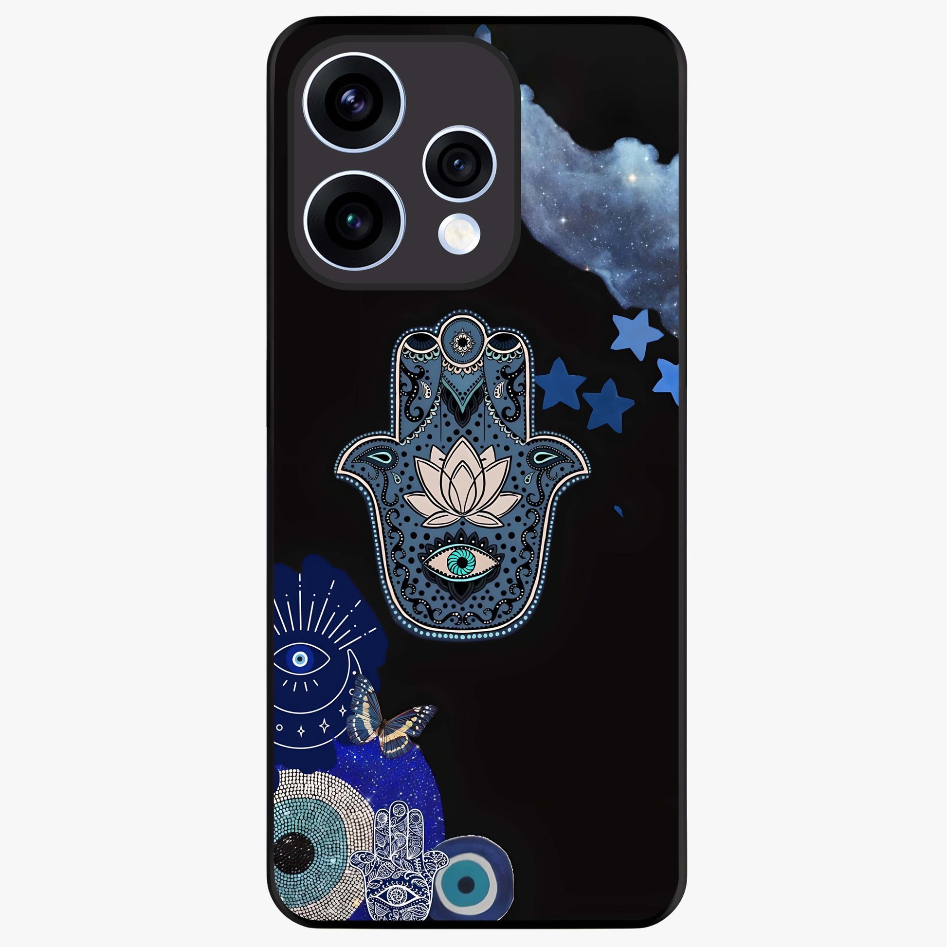 Mystic Hand Aura Glass Case showing flat back view with mystical hand symbol artwork and glossy glass finish.