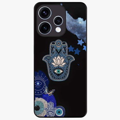 Mystic Hand Aura Glass Case showing flat back view with mystical hand symbol artwork and glossy glass finish.
