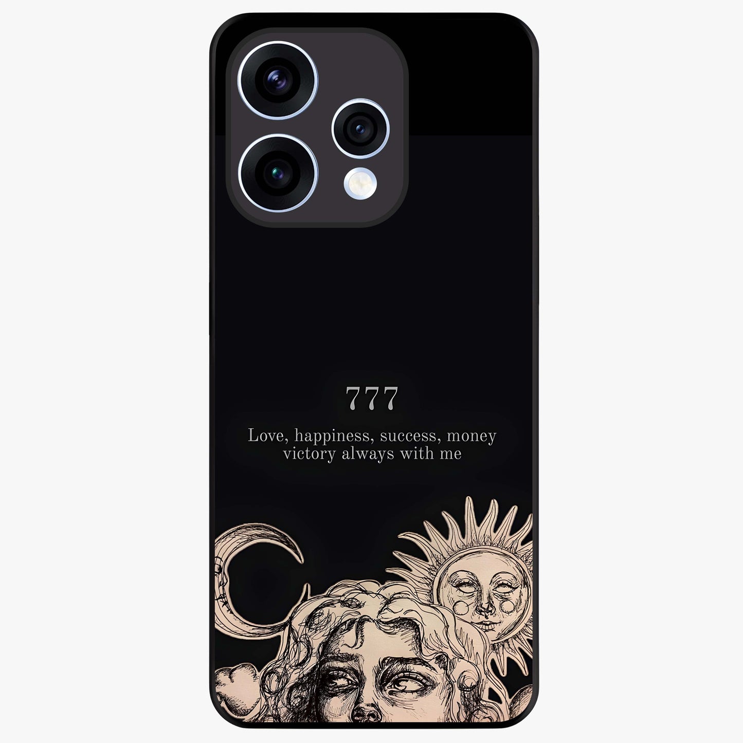 Mystic Victory Aura Glass Case showing flat back view with victory symbol artwork and glossy glass finish.