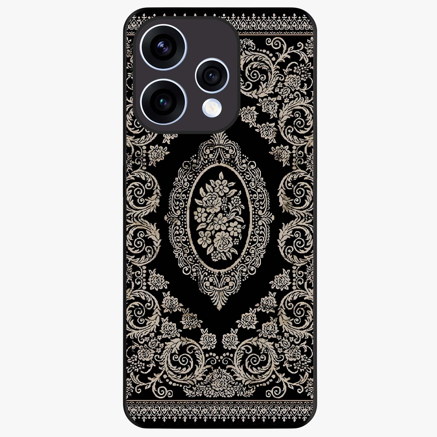 Noir Bloom Elegance Glass Case showing flat back view with elegant dark floral artwork and glossy glass finish.