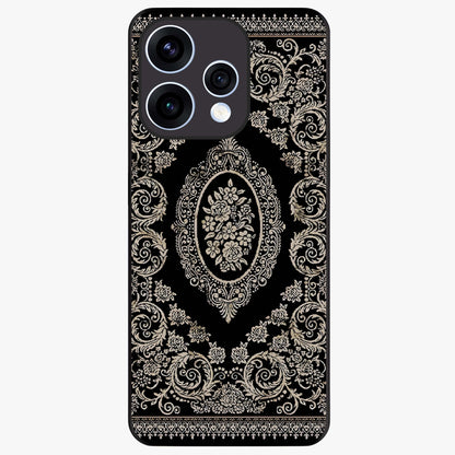Noir Bloom Elegance Glass Case showing flat back view with elegant dark floral artwork and glossy glass finish.