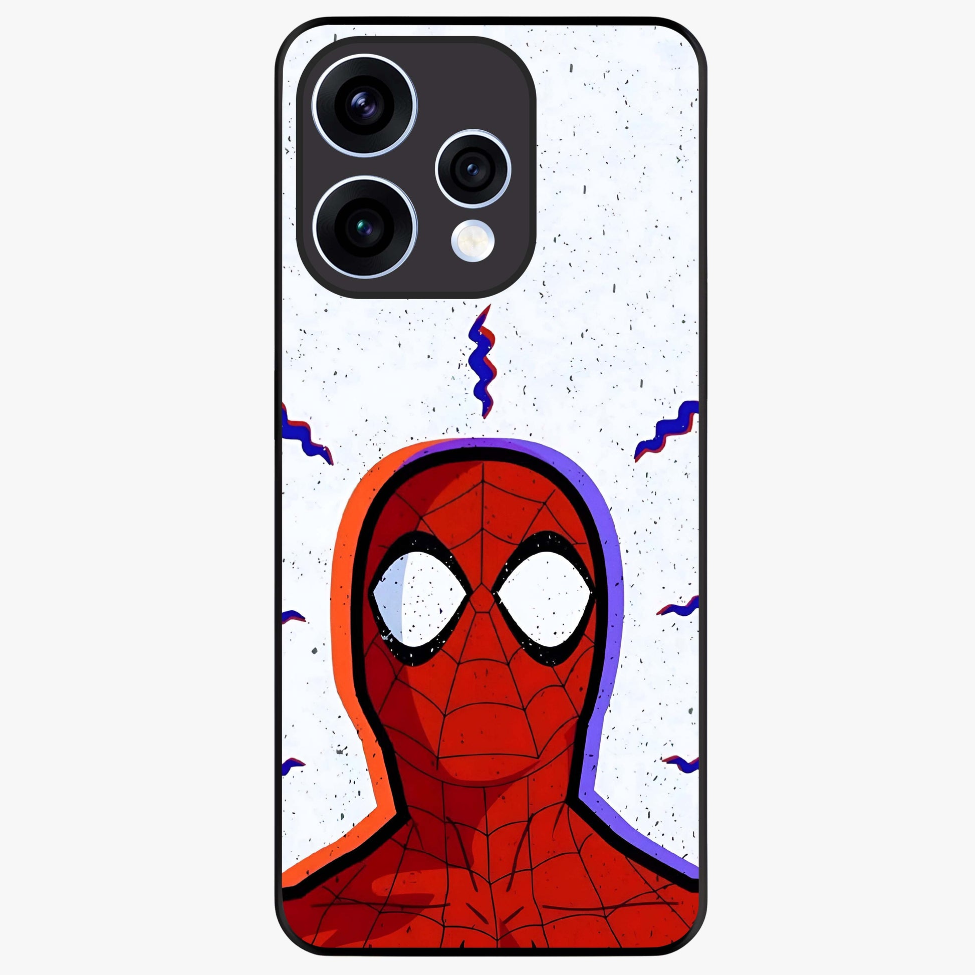 Omg Spiderman Glass Case showing flat back view with bold superhero inspired artwork and glossy glass finish.
