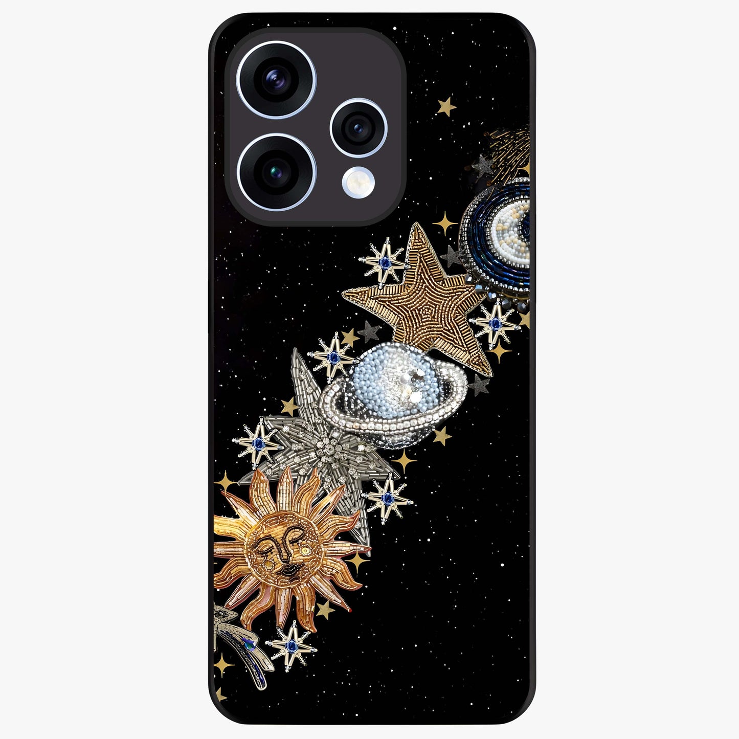 Pearls Universe Object Glass Case showing flat back view with pearl inspired cosmic artwork and glossy glass finish.