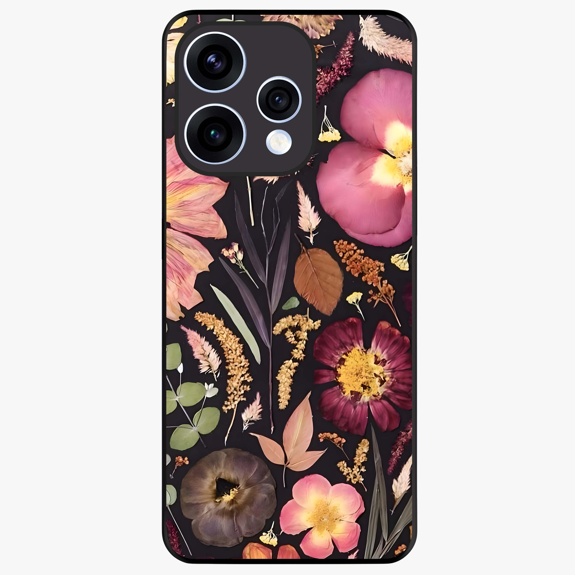 Petal Dream Tapestry Glass Case showing flat back view with intricate floral tapestry artwork and glossy glass finish.