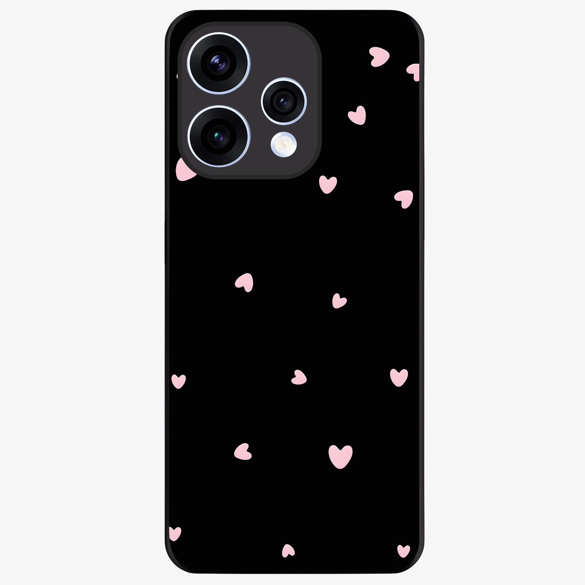 Pink Love Drops Glass Case showing flat back view with playful pink heart drops artwork and glossy glass finish.