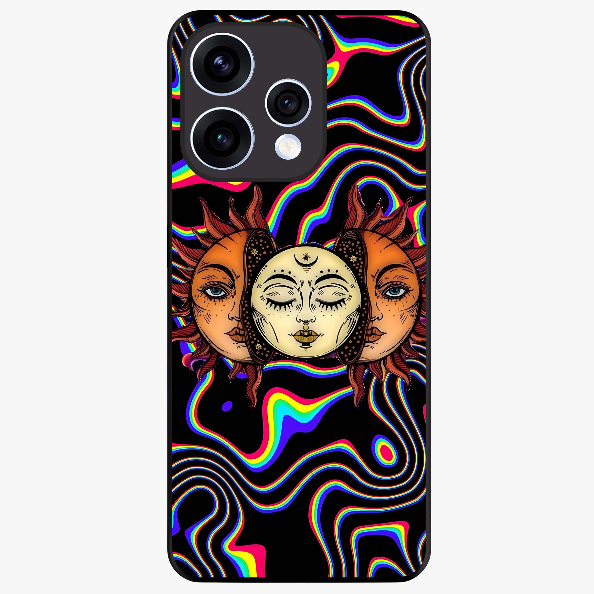 Psychedelic Sun Glass Case showing flat back view with colorful psychedelic sun artwork and glossy glass finish.