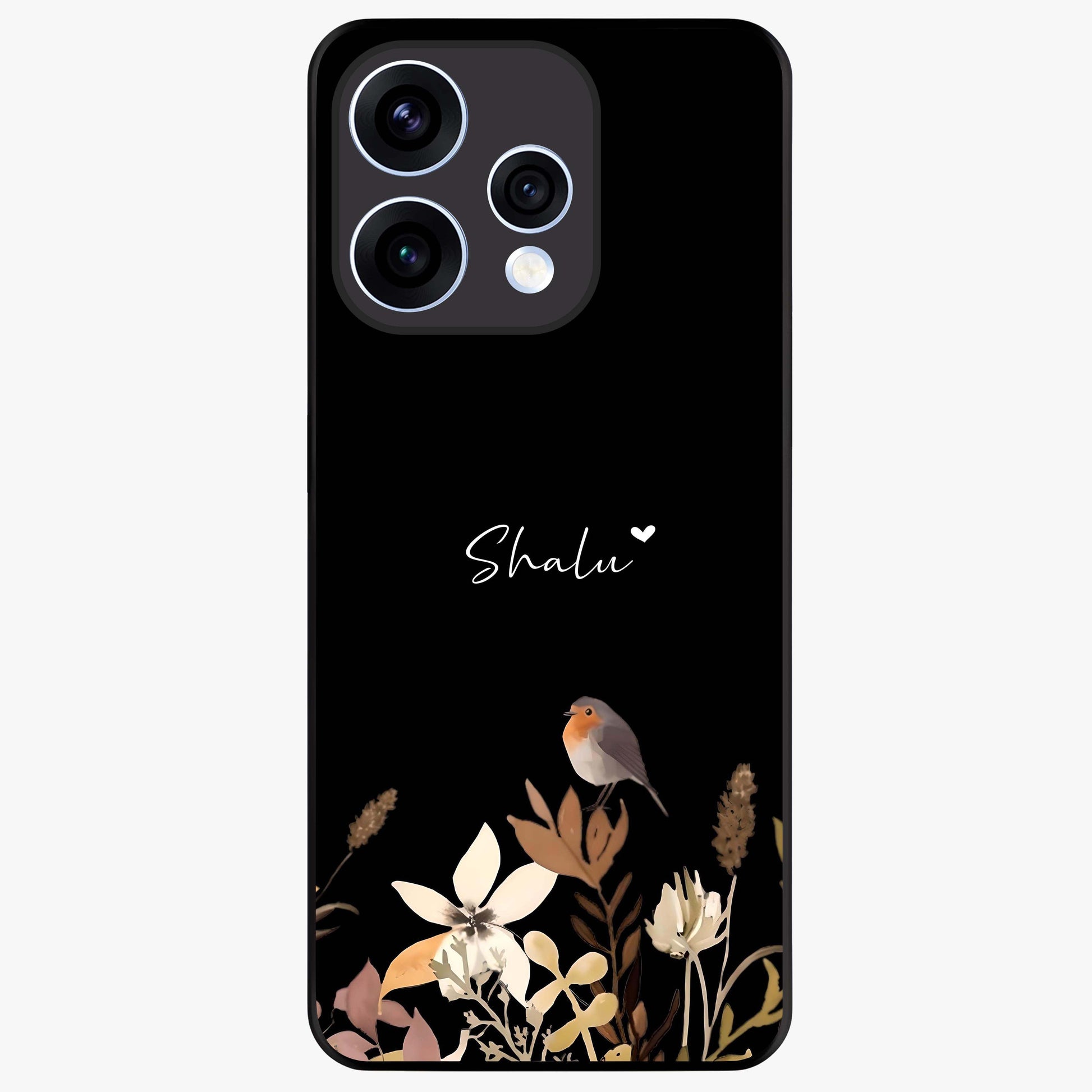 Quiet Garden Tune Custom Name Glass Case showing flat back view with peaceful garden artwork and personalized name design.