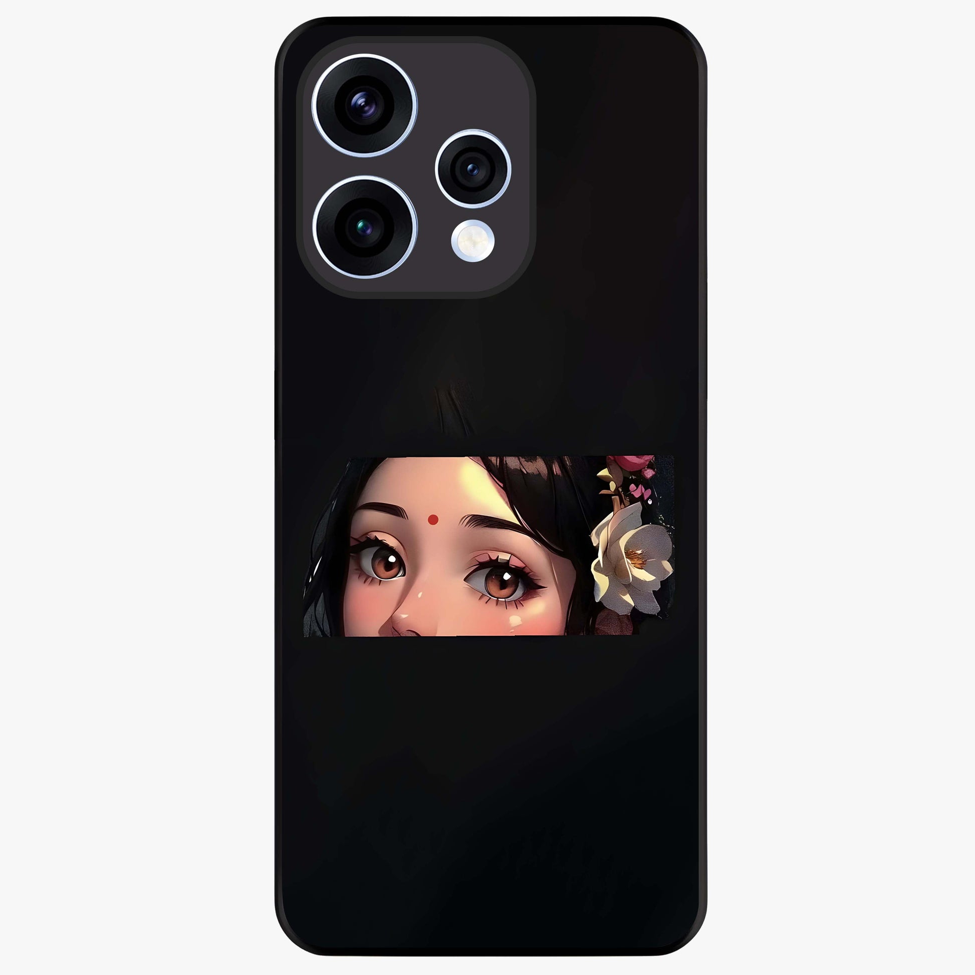 Radha Divine Embrace Glass Case showing flat back view with devotional Radha artwork and glossy glass finish.