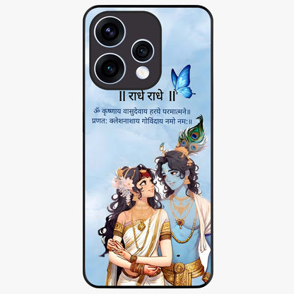 Radha Krishna Eternal Glass Case showing flat back view with Radha Krishna devotional artwork and glossy glass finish.
