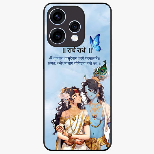 Radha Krishna Eternal Glass Case showing flat back view with Radha Krishna devotional artwork and glossy glass finish.