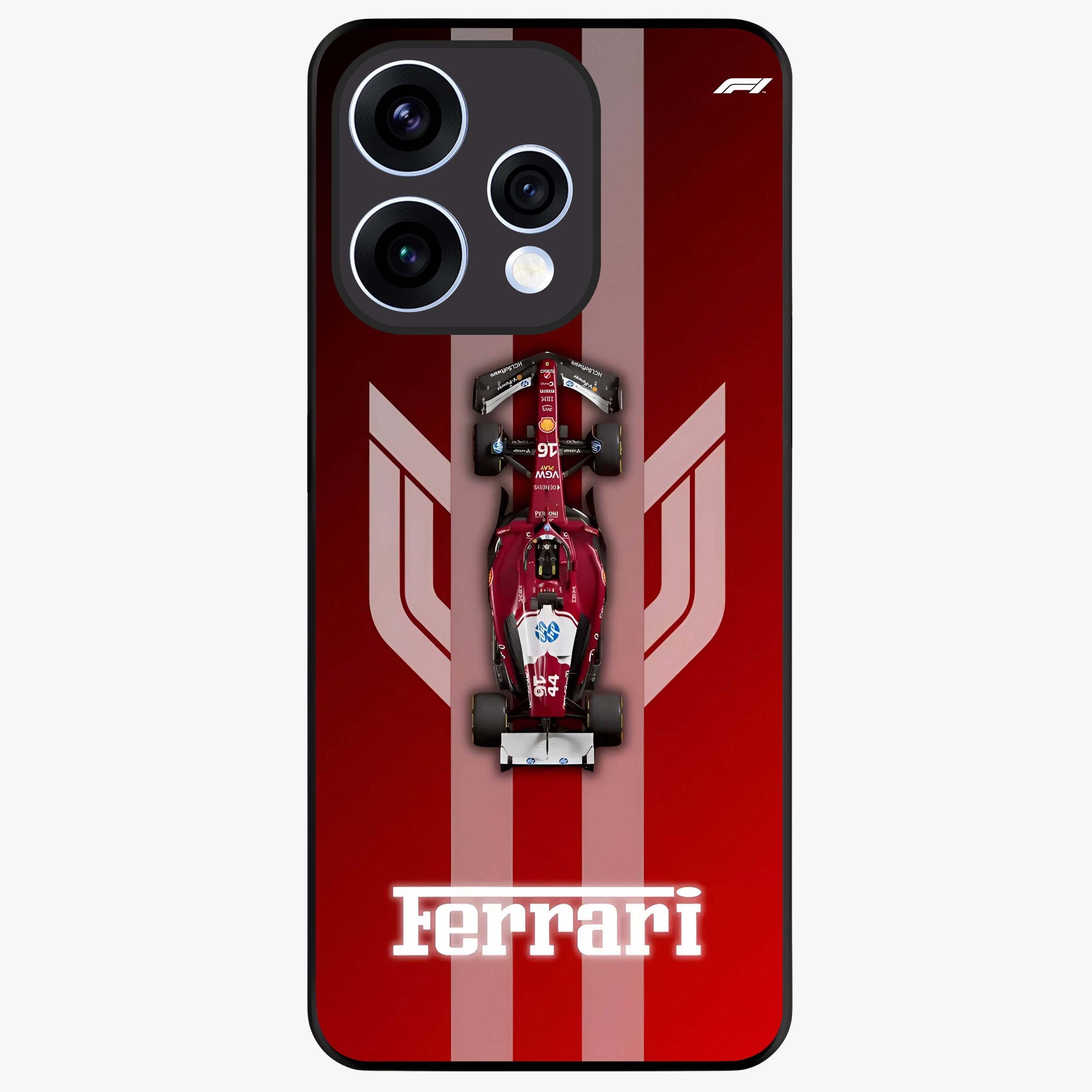 Red Ferrari F1 Vertical Glass Case showing flat back view with sleek Formula racing car artwork and glossy glass finish.