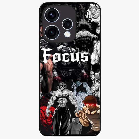 Relentless Power Focus Glass Case showing flat back view with motivational typography artwork and glossy glass finish.