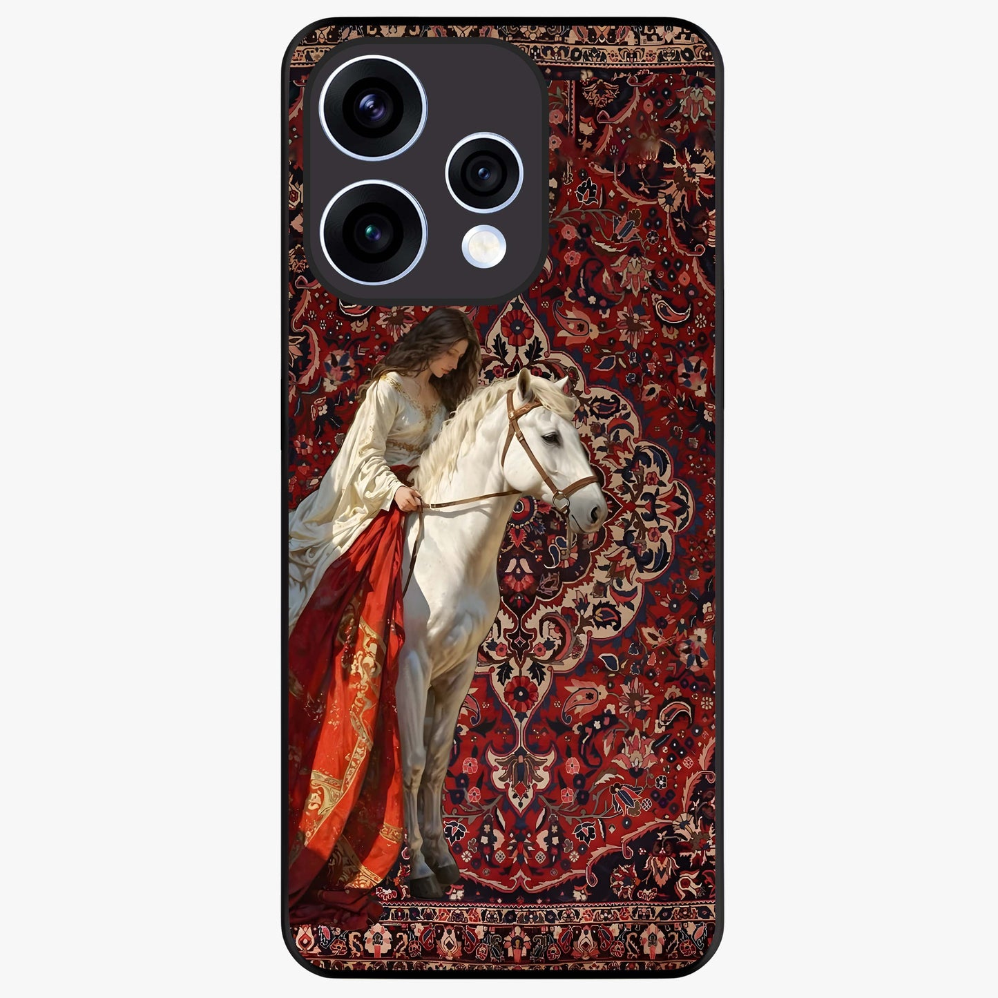 Royal Rider Tapestry Glass Case showing flat back view with majestic horse rider tapestry artwork and glossy glass finish.