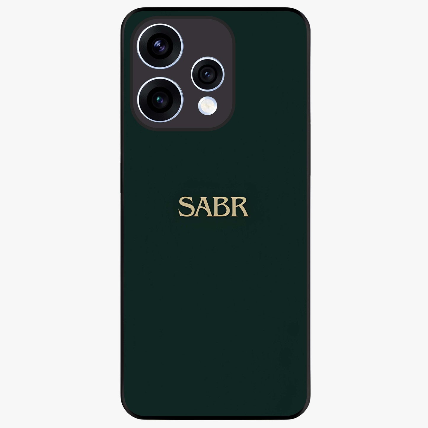Sabr Minimal Patience Glass Case showing flat back view with minimalist typography artwork and glossy glass finish.