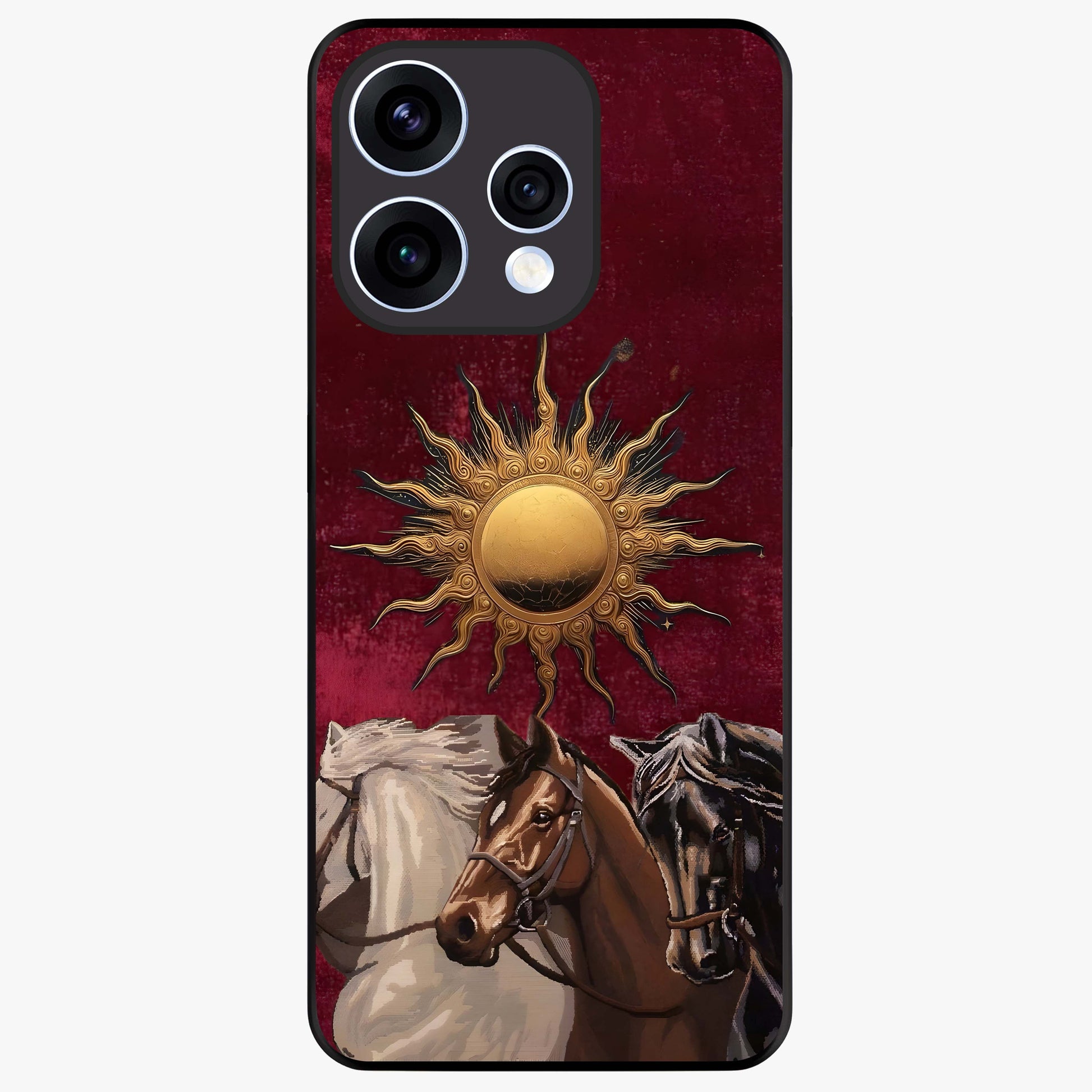 Solar Riders Glass Case showing flat back view with dynamic rider themed artwork and glossy glass finish.